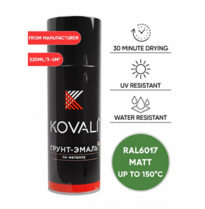 KOVALI 3 en 1 Aérosol Spray Apprêt Émail Protection Anti-Rouille et Anti-Corrosion Métal Bois Béton Mat Vert Mai RAL 6017 520ml - Product Image 1