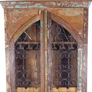 Almirah Armario en bois de style rétro industriel vintage avec finition dégradée et porte en verre avec grille en fer pour rangement décoratif - Product Image 1