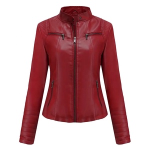 Blouson en cuir rouge pour femme 2026, manches longues, col montant, fermeture éclair, couleur unie, style motard, tricoté respirant pour l'hiver - Product Image 1