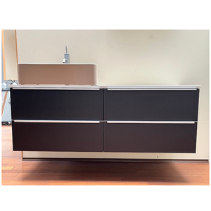 Elegante tocador de pared de roble oscuro 100% fabricado en Italia con 4 cajones y encimera de Corian, preparado para lavabo tipo cuenco, tiradores de acero inoxidable cepillado - Product Image 4