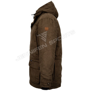 Chaqueta de Caza Larga de Invierno Personalizada con Capucha, Tejido Exterior 100% Algodón Encerado, Cierre de Cremallera, Bolsillos Delanteros, Forro de Algodón - Product Image 2
