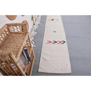 พรมตุรกีขนาด 2x8.4 ฟุต, พรมคิลิม, พรมลายตารางสีเบจทำจากขนสัตว์ - Product Image 1