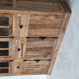 Solid Mango Wood Display Cabinet | Industrial Rustic Kitchen <b>Storage</b> Unit | Glass Door <b>Sideboard</b> Classic Design Lacquer Finish - Product Image 2