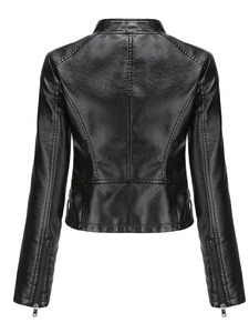 Nouveau chez les femmes printemps automne noir Faux cuir vestes court véritable basique mode mince femme motard Pu cuir veste - Product Image 2