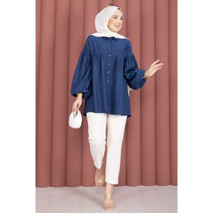 เสื้อคลุมสตรีสีน้ำเงินกรมท่าสไตล์วินเทจลำลอง ไซส์ XL ผ้าป๊อปลินลิน แขนยาวทรงบอลลูน ปกเสื้อแบบปกเชิ้ต ตกแต่งด้วยลูกไม้ ทรงครอป ผ้าทอ - Product Image 3