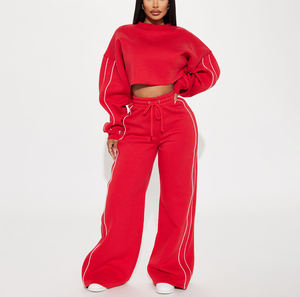 Conjunto Deportivo de Pantalones Anchos para Mujer, Sudadera Corta, Pantalones Deportivos con Cintura Elástica, Frente Plano, Ecológico, Cintura Alta, Felpa de Algodón - Product Image 1