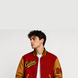 Veste universitaire unisexe JOXAI SPORTSWEAR rouge avec manches en similicuir marron, patch en chenille numéro 24, boutons pression, style collège - Product Image 2