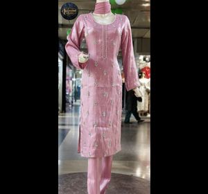 Trajes Anarkali de 3 Piezas de Seda Brillante Rosa y Blanco, Listos para Usar, para Fiesta, Kameez Salwar 2025 - Product Image 2