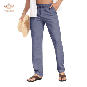 Men's Plus Size Straight Cotton <b>Trousers</b> Lightweight Breathable Casual Pants Elastic Waist <b>Drawstring</b> Regular Fit Summer Wear - Product Image 1