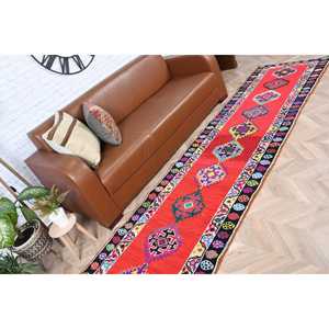 2.8x12.1 ft <b>Runner</b> Turkish Vintage Rug, <b>Red</b> Moroccan Wool Rug - Product Image 3