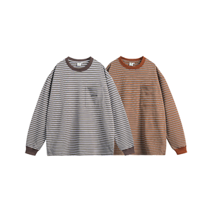 Contraste de color a rayas bolsillo decorativo bordado cuello redondo tejido 95% algodón ecológico transpirable Regular Fit hombres Sudadera con capucha - Product Image 6