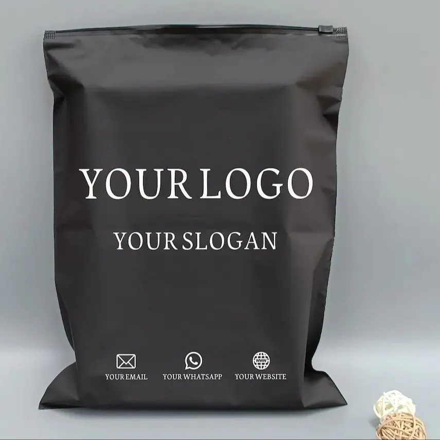 Customized Printing Logo Plastic Zipper Slider Frosted Matte Black Zip Lock Compostable Packaging Bag For Clothes