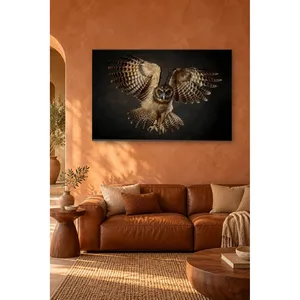 Impression sur toile de hibou Fida érigeant ses ailes dans l'obscurité - Product Image 1