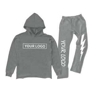 Trendy Men Stacked Sweatsuit Raw Hem Cut Edge Hoodie And Jogger Sweatpants Set Custom Logo 3D Puff Print Flared Tracksuit