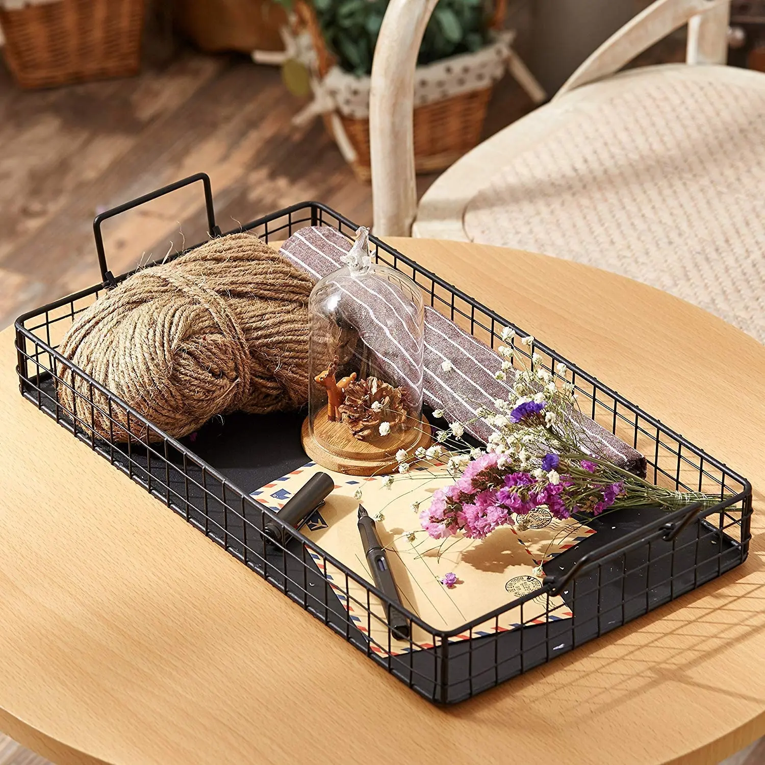 AK Brass Minimalist Metal Wire Nesting Serving Tray with Matte Black Finished Handles For Home Storage Organization