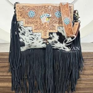Wholesale Crossbody <b>Bag</b> Hot Selling <b>Designer</b> Tooled Cowhide Leather Fringe Handbag Elegant & Fashionable Women's Shoulder <b>Bags</b> - Product Image 1