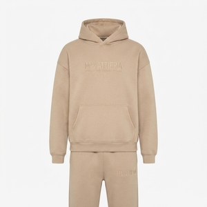 Womens Beige Cotton Fleece Hoodie Tracksuit <b>Set</b> Pullover Sweatshirt <b>Jogger</b> Pants <b>Matching</b> Casual Sportswear Loungewear - Product Image 4