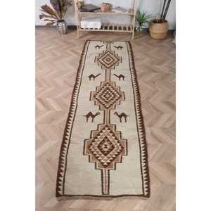 Vintage Kilim Runner Rug 2.5x8.4 ft (76x257 cm), Turkish <b>Brown</b> Moroccan <b>Wool</b> Rug - Product Image 1