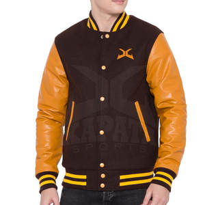 Veste en cuir de laine légère élégante de style Letterman pour hommes avec col montant et bouton recouvert de la saison d'hiver - Product Image 1