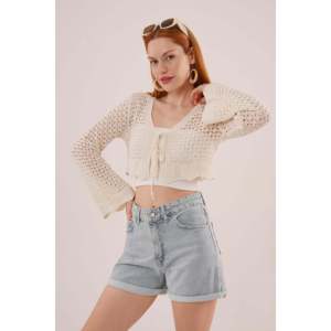 Lustrin Women's Cream Open Front Lace-Knit Crop <b>Cardigan</b> <b>Sweater</b> with Tie-Front Detail, Stylish Short Length Knitwear Top - Product Image 3