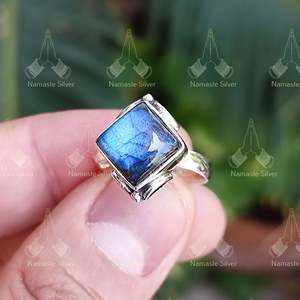 Handmade Women's Silver <b>Labradorite</b> <b>Ring</b> Natural Square Sterling Gemstone Jewelry with Inlay Setting Labrodorite Gift - Product Image 2