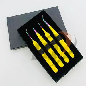 Pinzas de pestañas de acero inoxidable japonesas profesionales amarillo sostenible con punta de volumen de arco iris herramienta de extensión de pestañas de belleza - Product Image 1