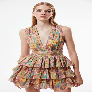Robe de soirée élégante pour femme, sans bretelles, naturelle, écologique, décontractée, à manches courtes, imprimée, longueur genou, taille haute, vente en gros - Product Image 1