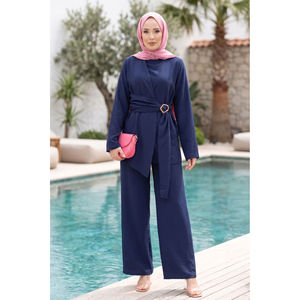 Navy Blue <b>Linen</b> Tunic and Pants Two-Piece Set with Waist Belt Accessory Detail Large Size for Summer and Autumn Outfits - Product Image 1