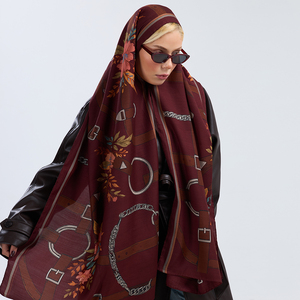 Elegant Long Casual Silk Wool Blend Shawl Hand Rolled Hem Luxury Equestrian Belt & Chain Motif Floral Accent Pashmina - Product Image 2