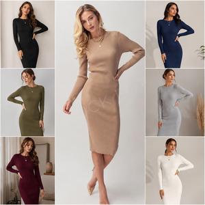 Vestido ajustado de punto acanalado para mujer, estilo sencillo, con abertura, opción de manga larga o corta, vestido midi, excedente de exportación a granel, hecho en Bangladesh - Product Image 3