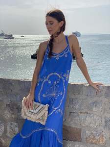 Lujoso vestido Maxi floral mexicano bordado trabajo Boho Lady Resort vestido de noche azul estilo bohemio vestido Maxi sin mangas - Product Image 2