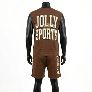 Ensemble t-shirt sans manches et short pour homme, 300 GSM, coton molletonné premium, logo imprimé, marron - Product Image 3