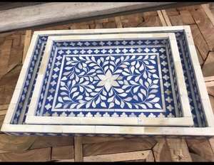 Plateau de service en incrustation d'os au design exclusif Plateau fait à la main au design floral Plateau de service décoratif pour la maison, l'hôtel et le restaurant - Product Image 1