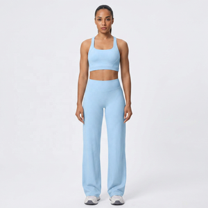 Custom Women's Seamless Yoga Set High Waist Wide Leg <b>Flare</b> <b>Leggings</b> & Racerback Sports Bra Gym Fitness Activewear 2 Piece Set - Product Image 1