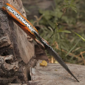 Couteau pliant de poche en acier Damas de qualité industrielle, manche en bois, étui en cuir, fabrication artisanale, OEM, survie, chasse, logo personnalisé - Product Image 2