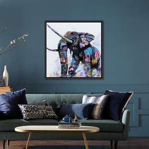 Impression sur toile d'art graffiti éléphant vibrant, décoration murale en verre, toile encadrée noire - Product Image 1