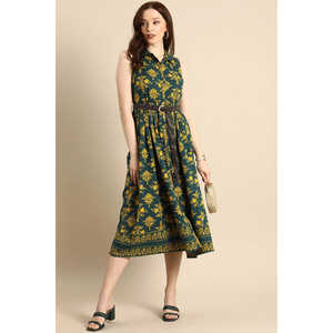 Vestido Midi Verde Estampado Vintage sin Mangas para Mujer, Transpirable, Talla XS, Cintura Imperio, Ropa Formal para Fiesta con Volantes - Product Image 1