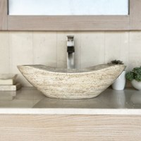 Évier en forme de bateau en travertin moderne de luxe, lavabo en pierre naturelle fait à la main avec fonction de sécurité pour salle de bain, vanité, cuisine, villa