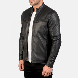 Chaqueta de cuero de bombardero personalizada de alta calidad para hombre, chaqueta original de cuero de oveja con cuello levantado y logotipo frontal para hombre - Product Image 3