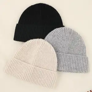 new style winter soft wholesale custom pure color cashmere wool beanie knit hats suppliers for men women