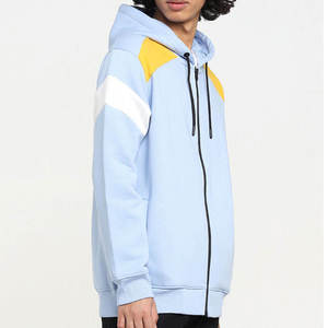 Custom High Quality <b>Men's</b> Light Blue Hooded Zip-Up <b>Sweatshirt</b> With Yellow <b>White</b> Color Blocking Raglan Sleeve Casual Winter Wear - Product Image 4