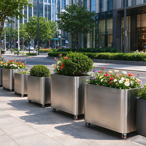 Modern Stainless Steel <b>Square</b> <b>Planter</b> Box with Casters Outdoor Flower Pot for Shopping Mall Greenery - Product Image 1