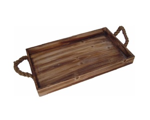 Plateau en bois à inox, plateau de service rectangulaire, plateau en bois avec manche en corde - Product Image 1