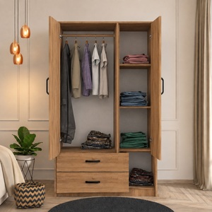 Armoire en panneaux de particules de mélamine, 3 portes, rangement pour vêtements de chambre, 2 tiroirs, poignées métalliques, design moderne pour la maison - Product Image 4