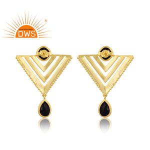 Meilleure vente de boucles d'oreilles pendantes en argent sterling plaqué or 18 carats avec pierres précieuses en onyx noir naturel fabricant de bijoux fins - Product Image 4