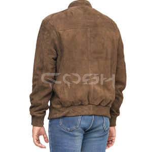 Chaqueta unisex de cuero de gamuza marrón oscuro con cuello alto estilo bomber, con bolsillos con solapa y cierre frontal. |   Fabricante Mayorista - Product Image 6