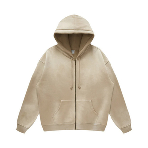 2025 New Arrival Vintage Wash Graphic Hoodie Solid Color 100% Cotton Breathable Zipper Pullover Style Loose Fit <b>Hoodies</b> For <b>Men</b> - Product Image 4