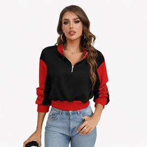 Custom Womens Half Zip Sweatshirt Black Gray Color Block Long Sleeve Casual Pullover - Product Image 3