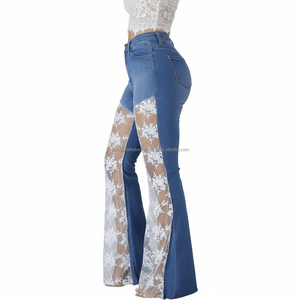 Vaqueros acampanados de cintura alta para mujer con encaje y paneles transparentes, pantalones de mezclilla de moda con parte inferior acampanada - Product Image 2