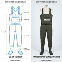 Waders de poitrine en nylon enduit imperméable noir jais Senshuo avec semelle robuste et fermeture éclair rouge, poches utilitaires, pour la pêche en eau salée